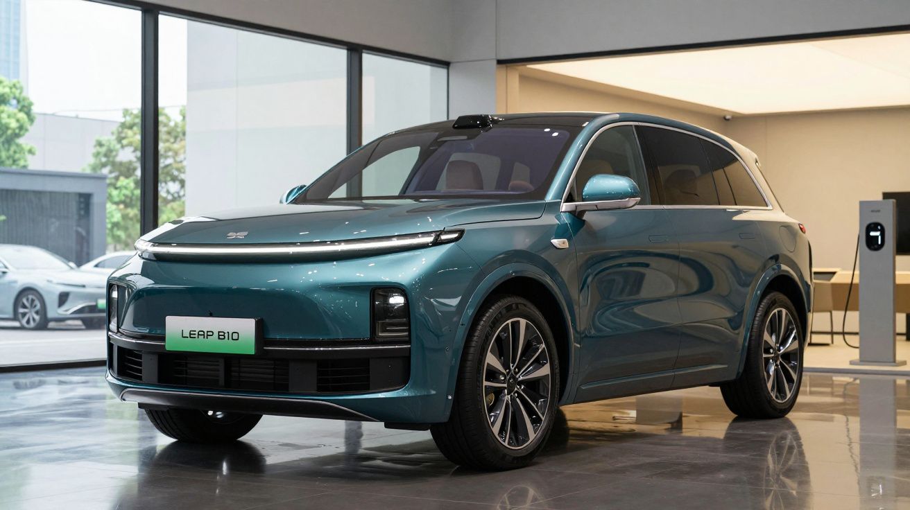 Carro elétrico SUV Leap B10 azul estacionado em interior moderno com grande janela e estação de carregamento.