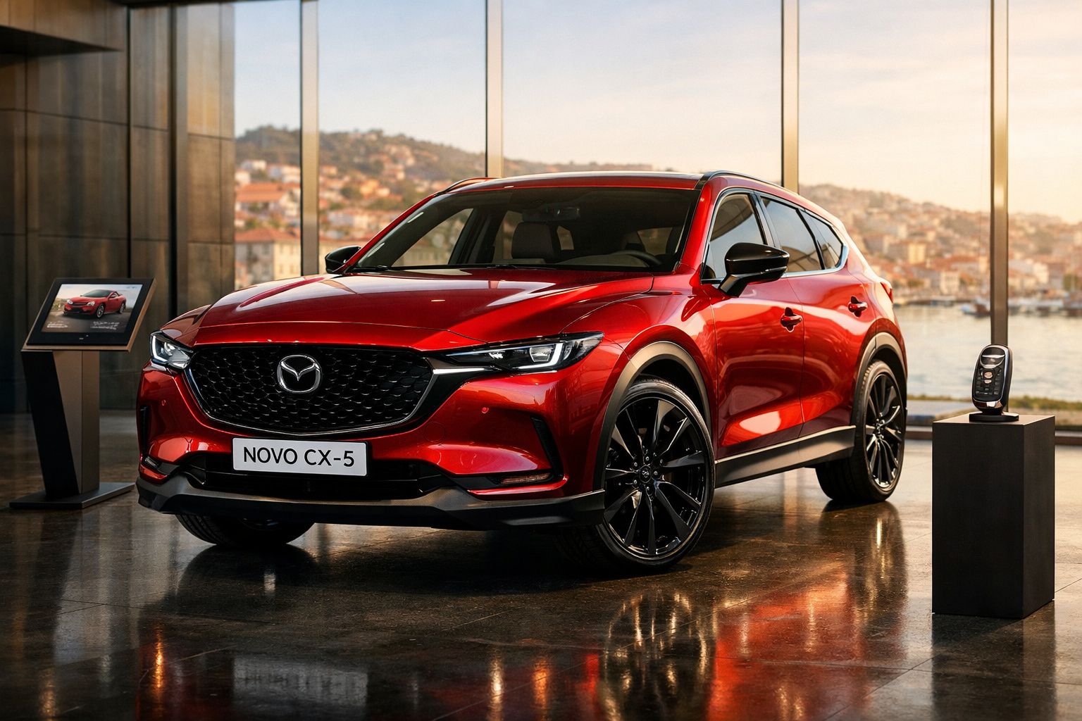 Carro vermelho Mazda CX-5 em exibição numa sala com grandes janelas e vista para a cidade e rio.
