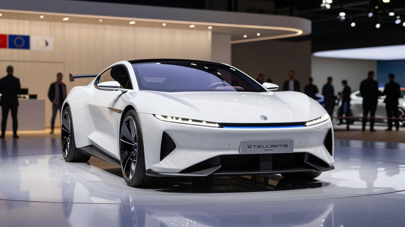 Carro desportivo branco com design futurista exposto em evento automóvel interior.