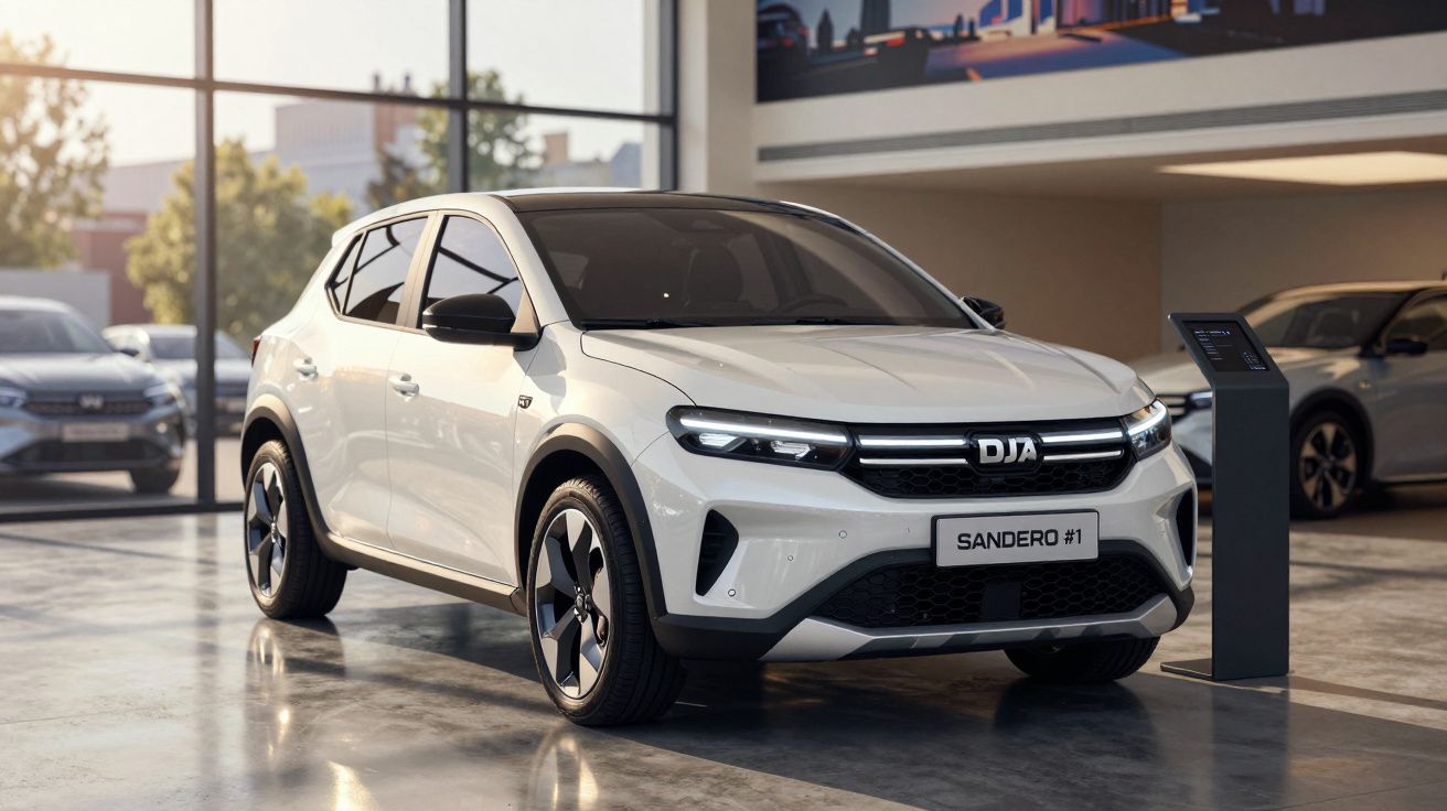 Carro elétrico branco modelo Sandero #1 exposto numa sala de showroom moderna com janelas grandes.