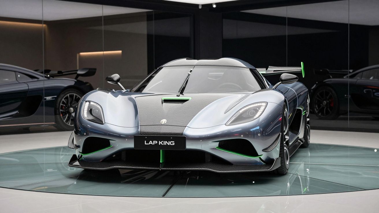 Carro desportivo cinzento metálico com detalhes verdes exibido num showroom moderno com paredes espelhadas.