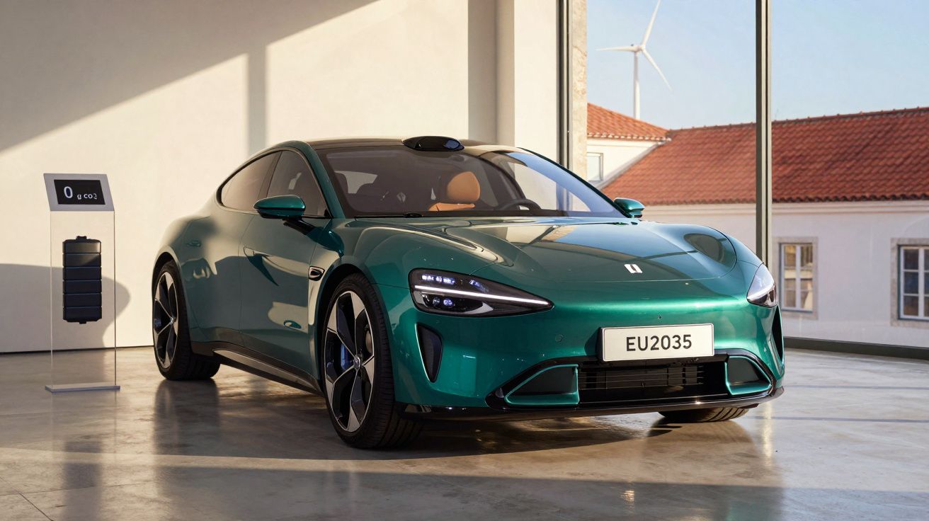 Carro elétrico verde exposto em sala com janela grande e moinho de vento ao fundo.