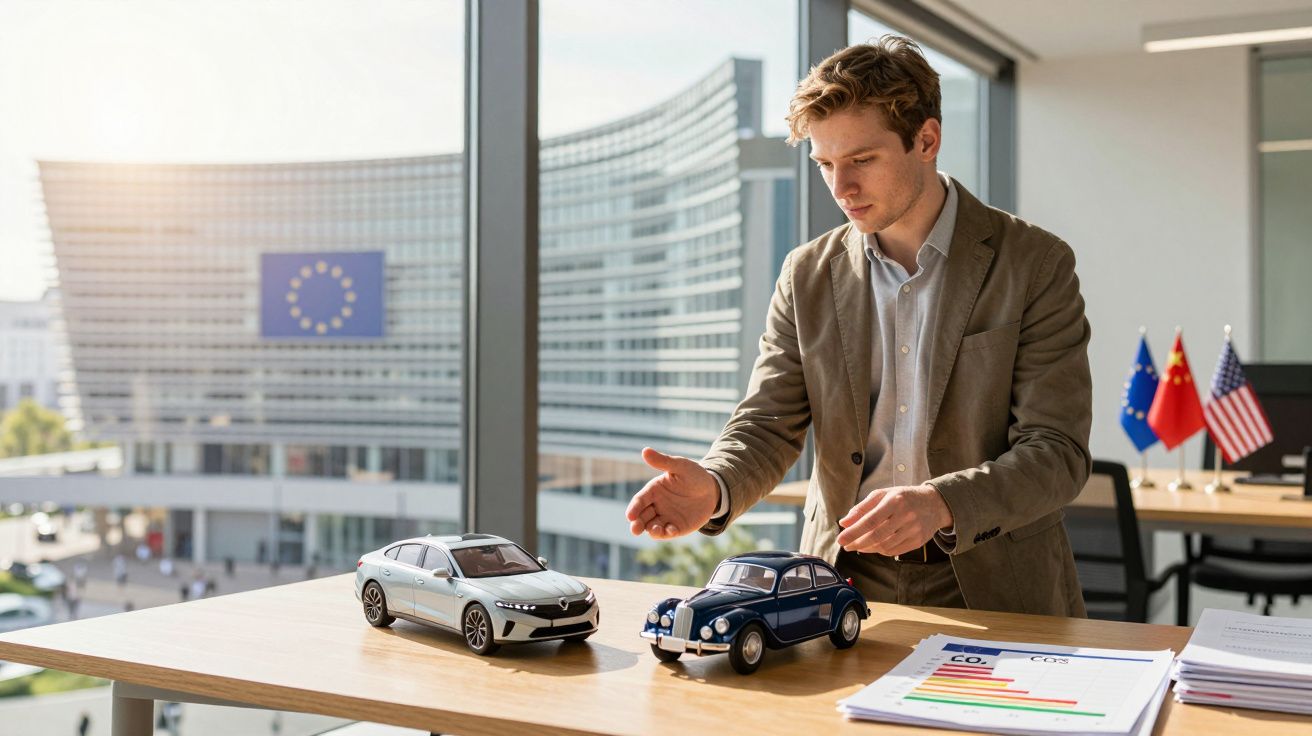 Homem em escritório a comparar modelos de carros antigos e modernos sobre mesa, com gráficos e bandeiras ao fundo.