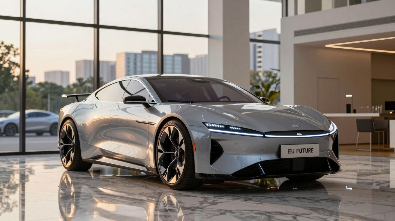 Carro elétrico cinzento com design moderno estacionado em interior com chão em mármore e grandes janelas.