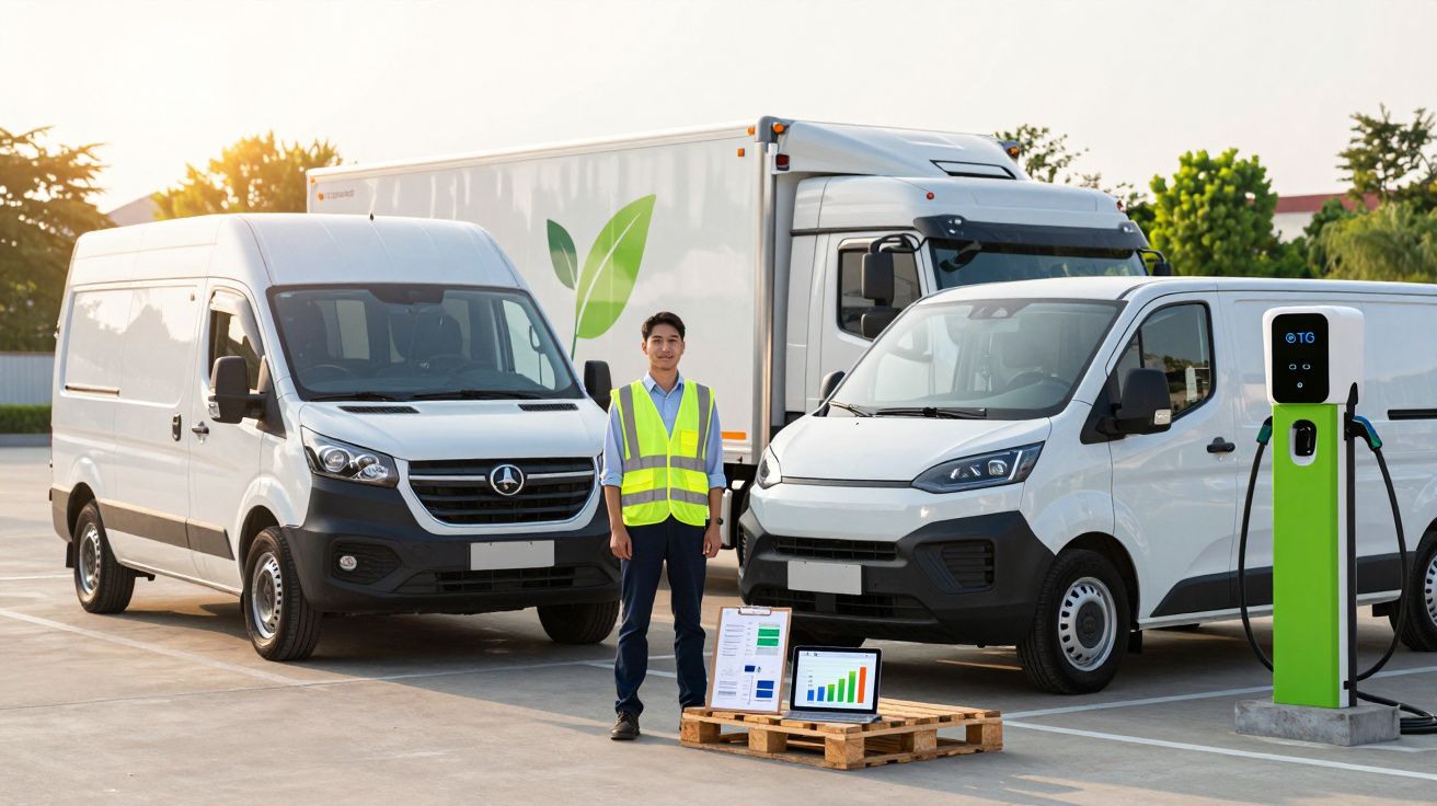 Homem com colete refletor ao lado de três veículos comerciais elétricos e uma estação de carregamento, ao pôr do sol.