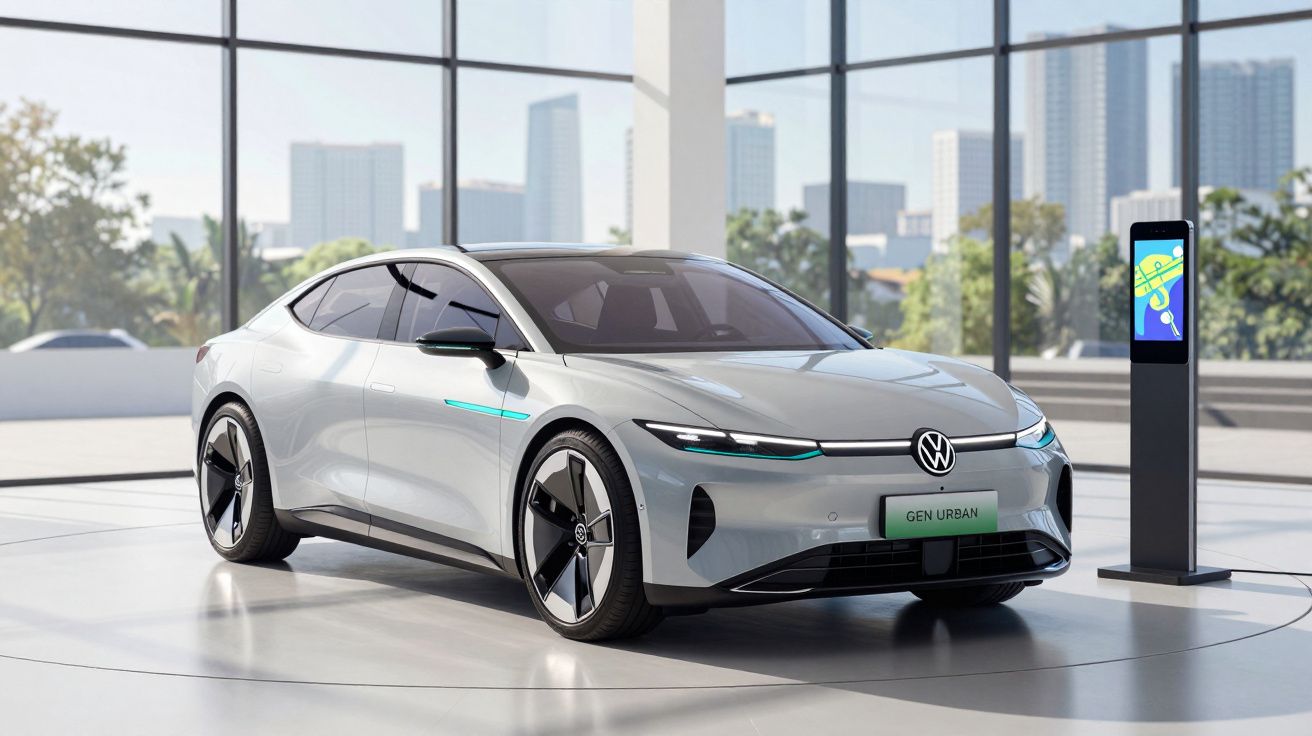 Carro elétrico Volkswagen Gen Urban estacionado numa estação de carregamento em sala moderna com janelas grandes.