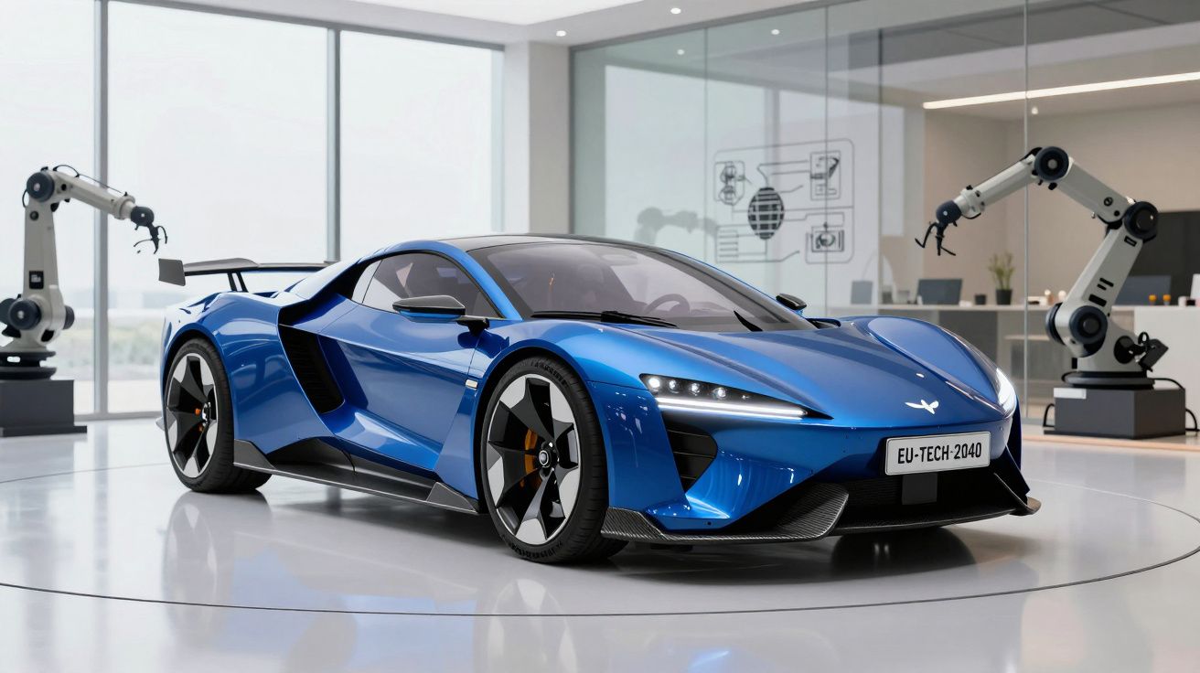 Carro desportivo azul elétrico futurista num ambiente de fábrica com braços robóticos em vidro e metal.