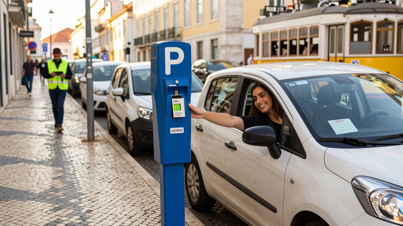 Mulher num carro branco a pagar o estacionamento num parquímetro numa rua com calçada portuguesa.