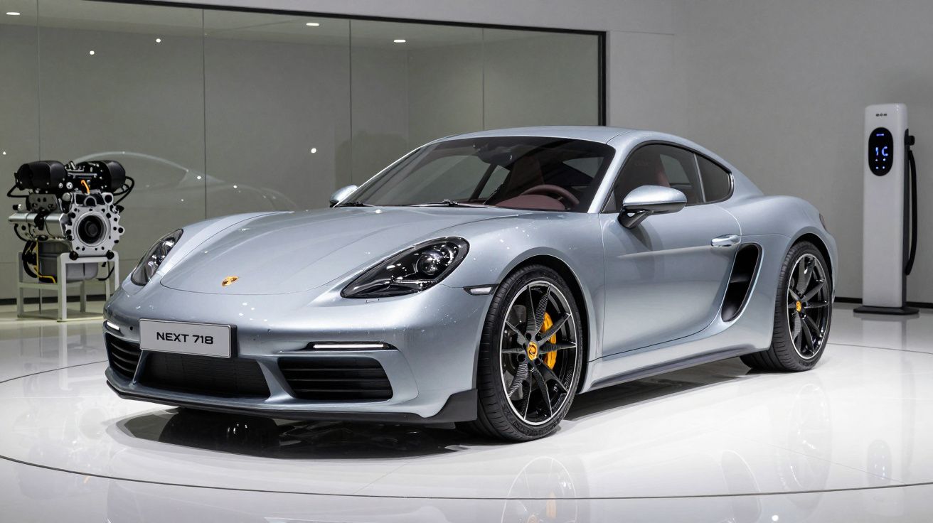 Carro desportivo prata Porsche 718 capturado em ambiente de exposição interior moderno.