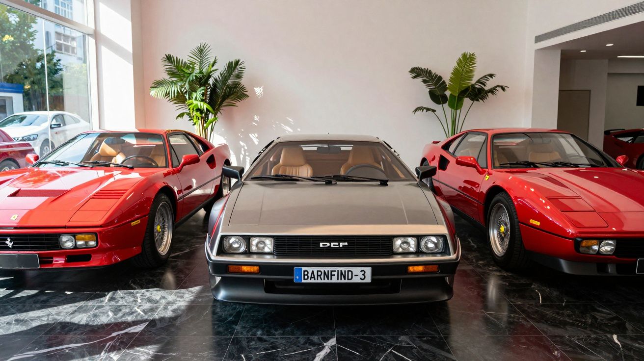 Três carros clássicos estacionados em interior, dois vermelhos Ferrari e um prata DeLorean ao centro, com plantas ao fundo.