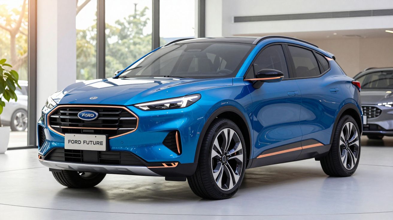 Carro elétrico azul Ford Future estacionado numa sala de exposição moderna e luminosa.