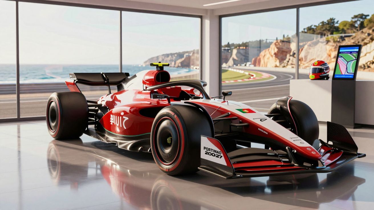 Carro de Fórmula 1 vermelho numa garagem com vista para circuito e costa marítima ao fundo.