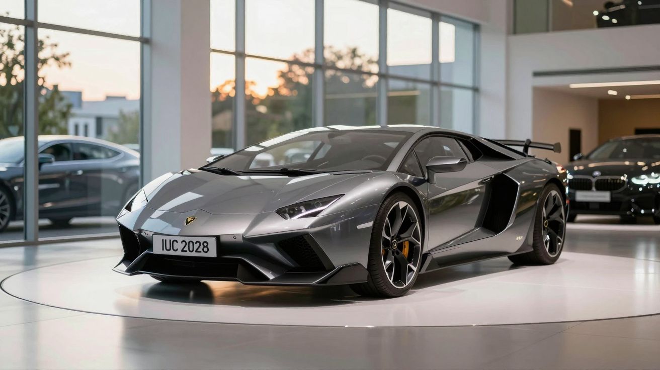 Automóvel desportivo cinzento metálico estacionado em sala de exposição com grandes janelas de vidro.