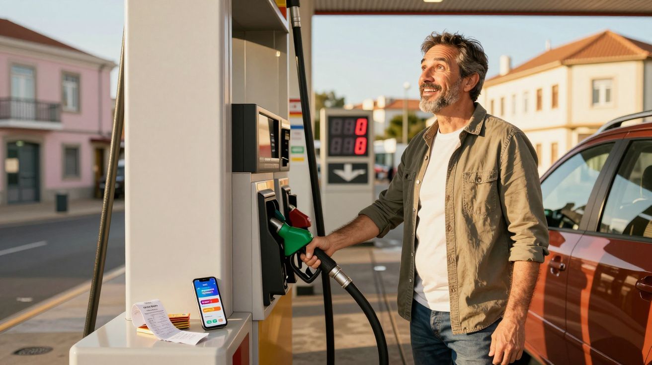 Homem sorridente a abastecer combustível num posto de gasolina junto a um carro vermelho.