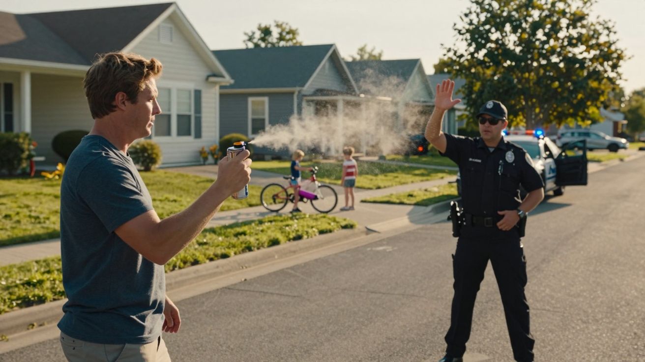 Homem aponta spray para polícia que levanta a mão numa rua residencial com crianças ao fundo.