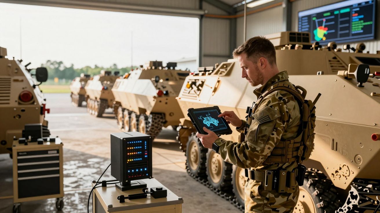 Soldado em farda camuflada a operar tablet com veículos militares blindados num hangar.