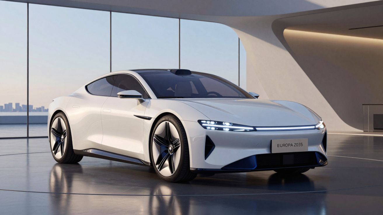 Carro elétrico desportivo branco, design futurista, luzes LED, ambiente moderno com vista urbana ao fundo.