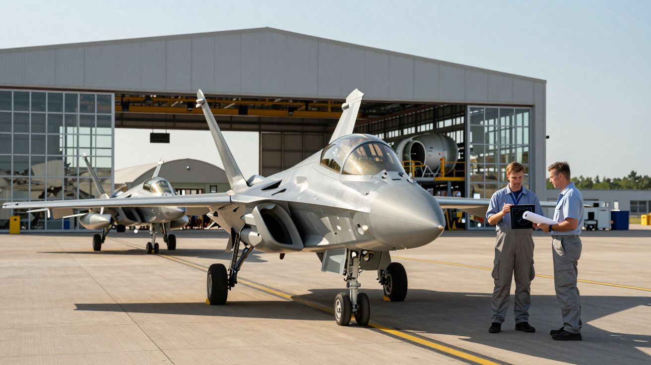 Dois técnicos revendo documentos junto a jato militar estacionado em pista diante de hangar.