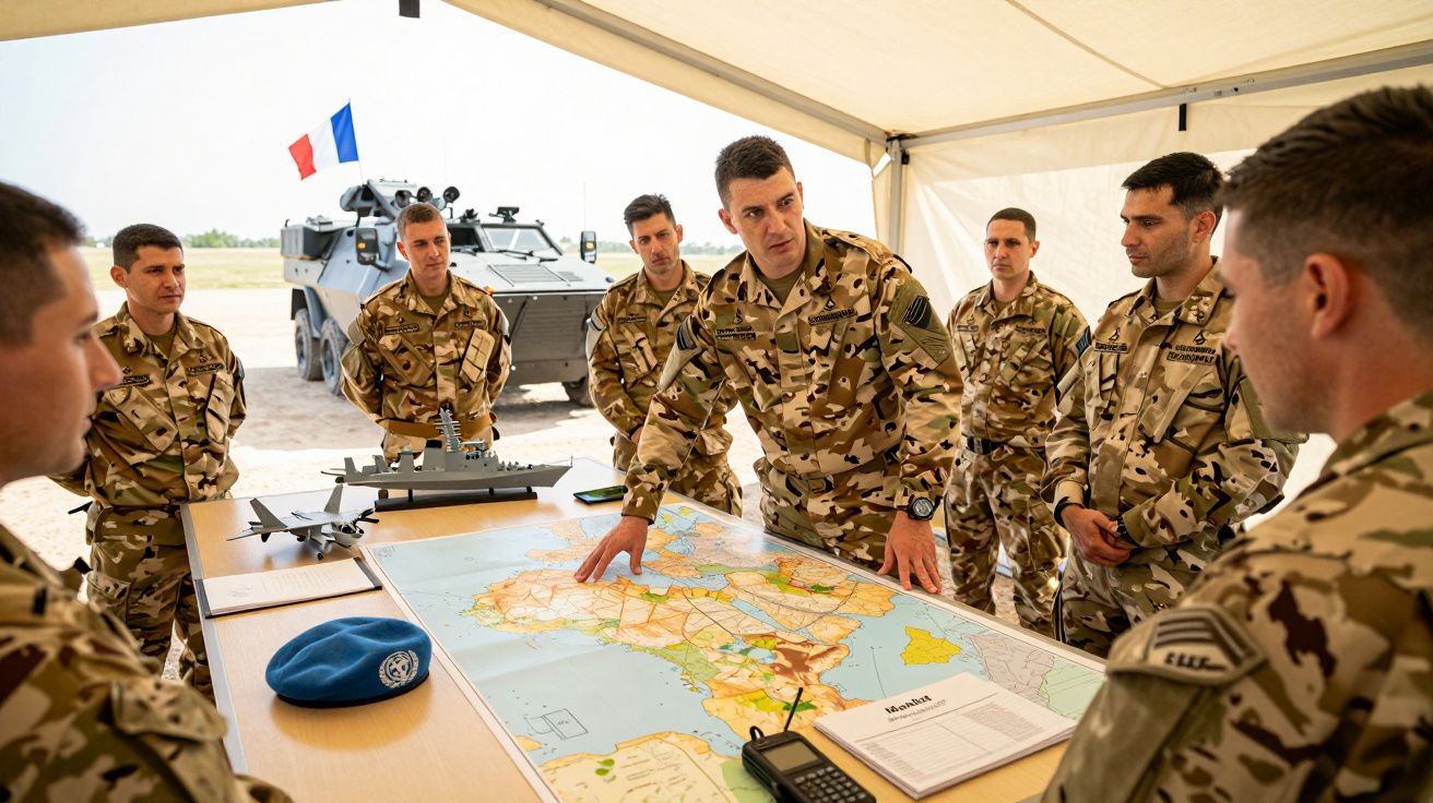 Soldados em uniforme militar planeiam estratégia sob tenda com mapa e modelos de veículos militares numa mesa.