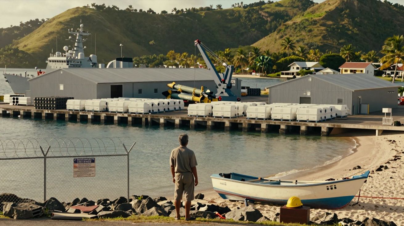 Homem observa porto com barco pequeno, navio de guerra, armazéns e montanhas ao fundo.
