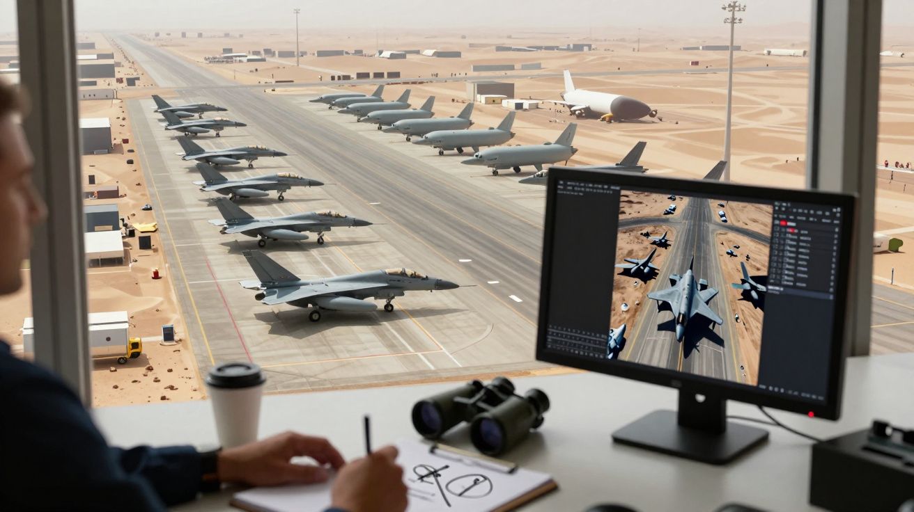 Pessoa observando pelo vidro vários jatos militares alinhados numa base aérea desértica.