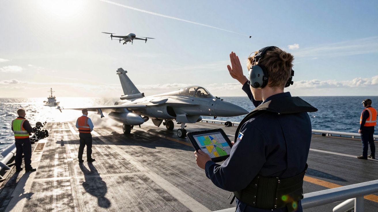 Militar a dar ordens para aterragem de caça militar num porta-aviões com mar ao fundo e drone no ar.