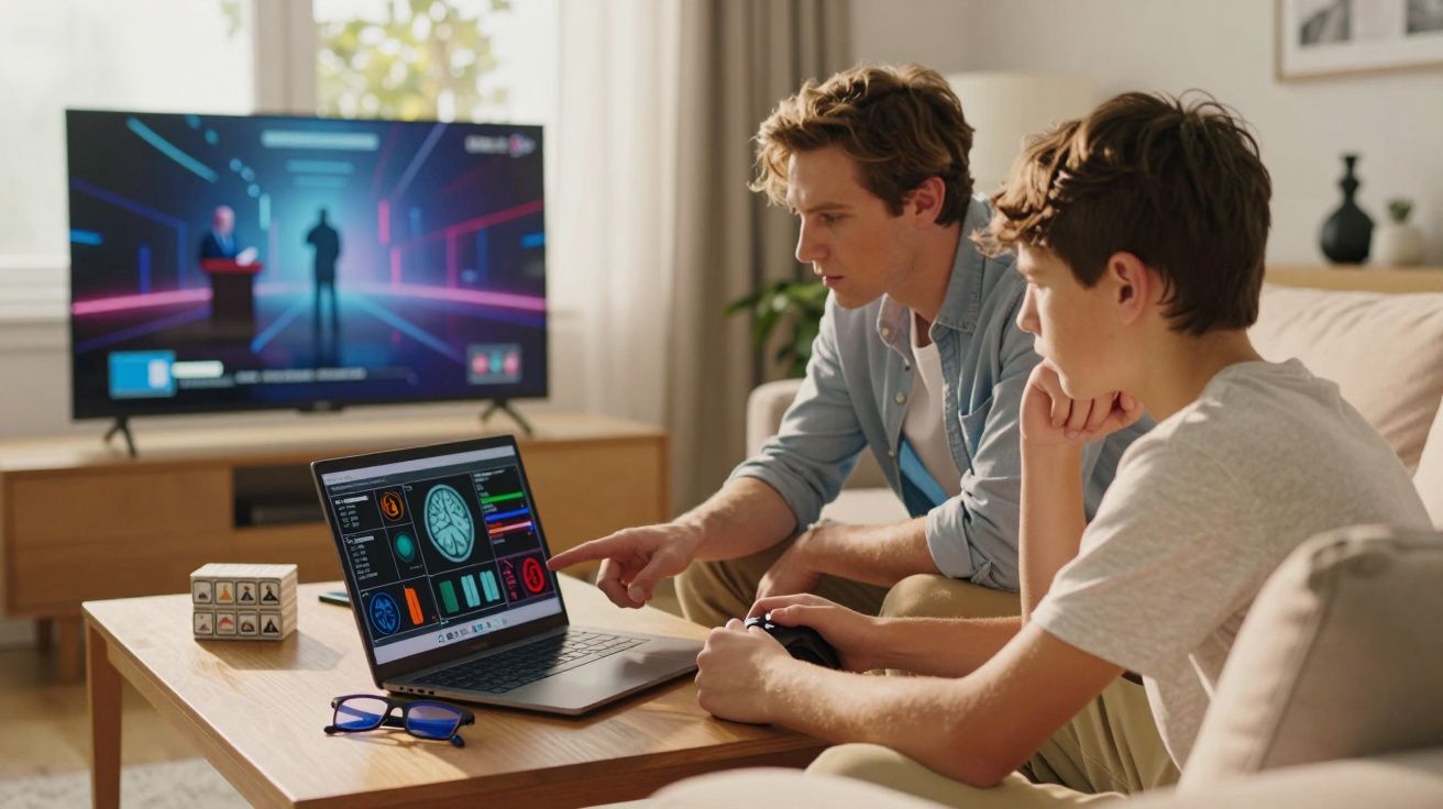 Dois rapazes sentados no sofá a analisar dados num laptop numa sala de estar com televisão ligada ao fundo.