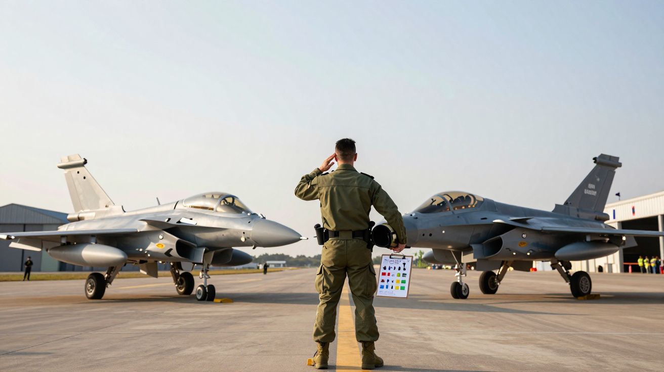 Militar em uniforme a saudar entre dois caças militares estacionados numa pista de aeroporto.