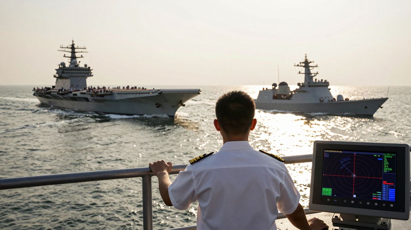 Militar naval de costas observa dois navios de guerra no mar ao pôr do sol, com radar ao lado.