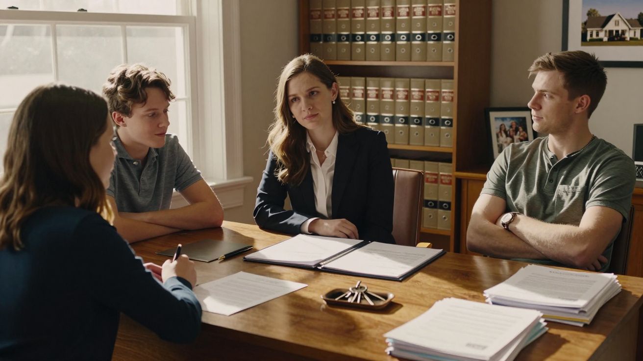 Quatro pessoas numa reunião numa sala de escritório com documentos e estantes de livros ao fundo.