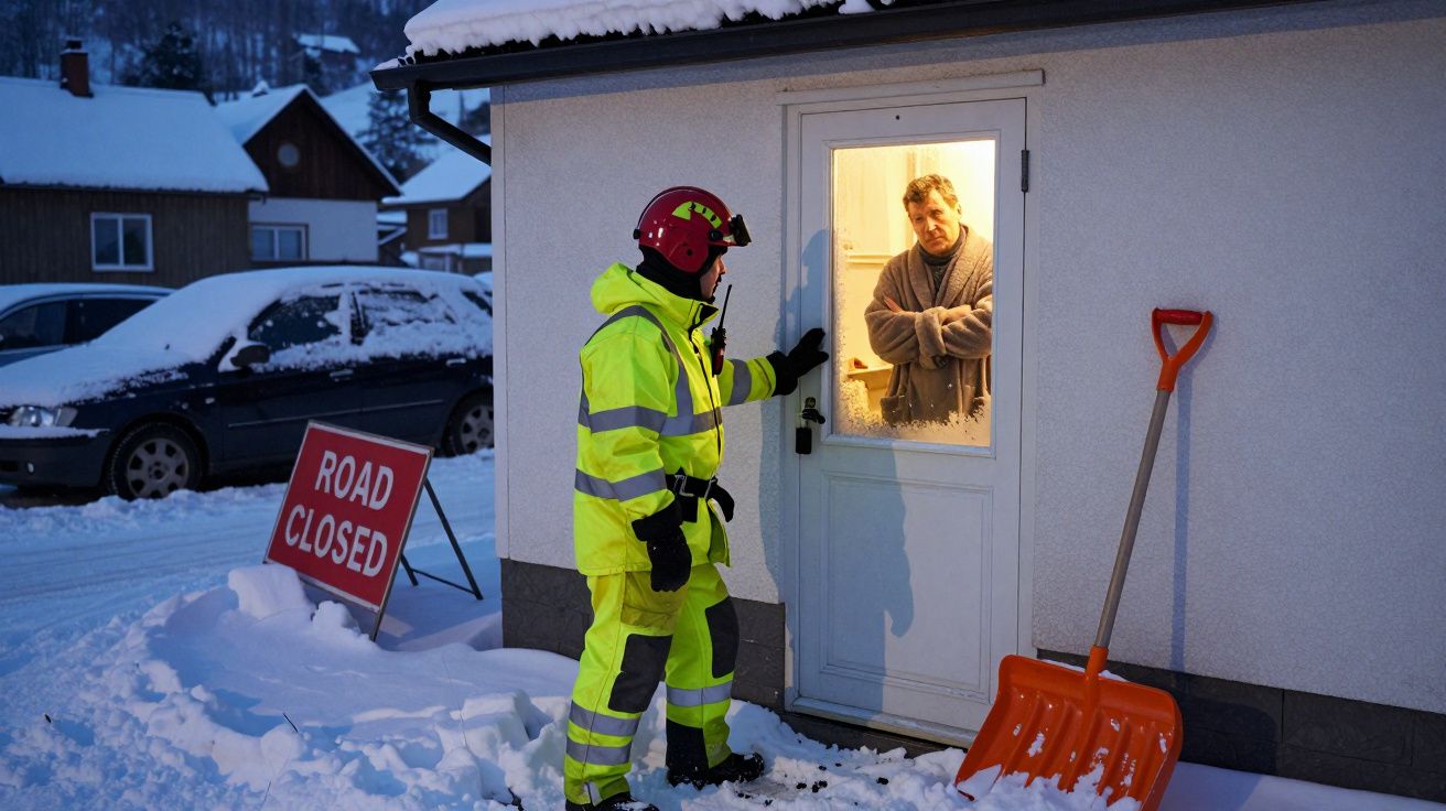 Trabalhador de emergência fala com homem numa porta durante nevão, sinal de estrada fechada e pá de neve visíveis.