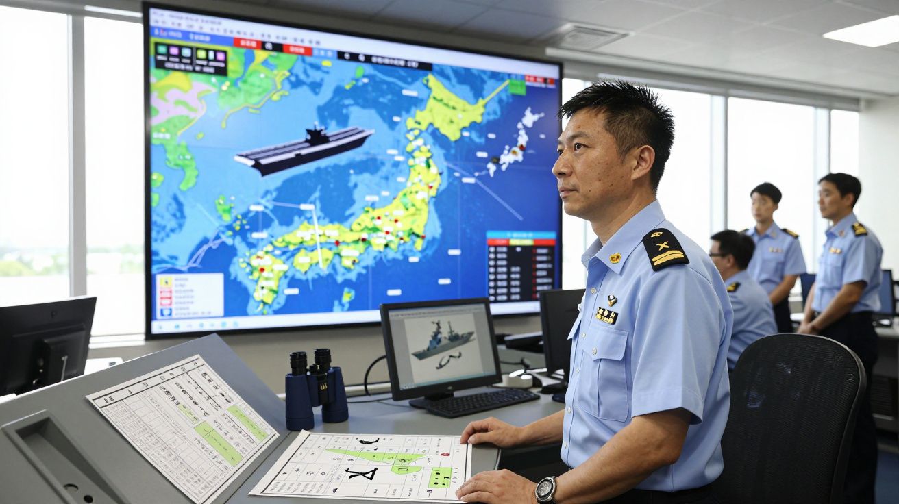 Militar em uniforme azul num centro de comando com mapa digital do Japão e navio numa grande tela.
