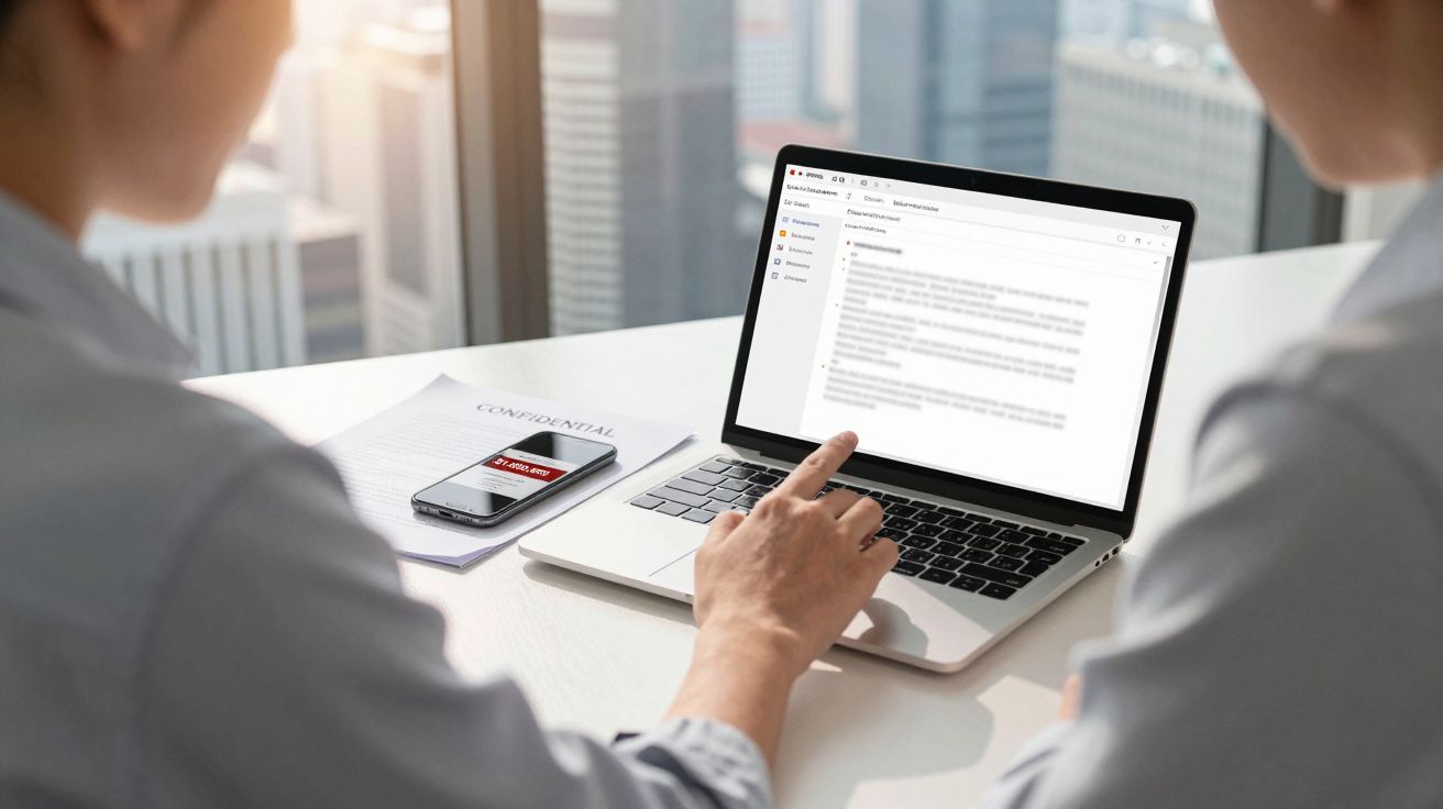 Duas pessoas a analisar documento confidencial num portátil, com smartphone e papel sobre a secretária.