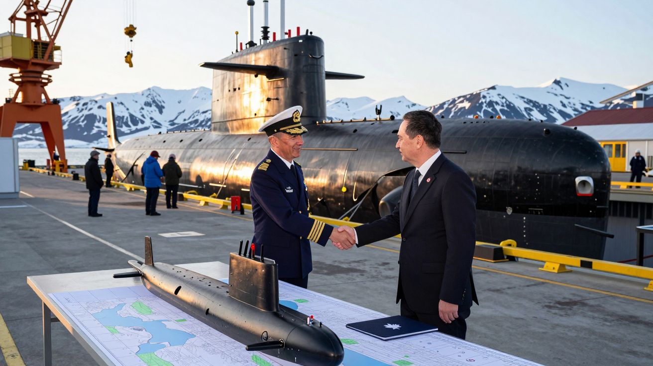 Dois homens apertam as mãos junto a maquetes e um submarino real num porto com montanhas nevadas ao fundo.