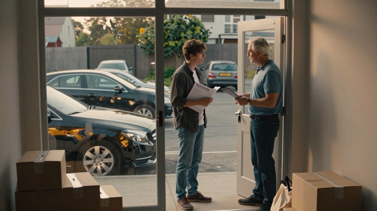 Dois homens conversam à entrada de casa com várias caixas de mudanças à volta.