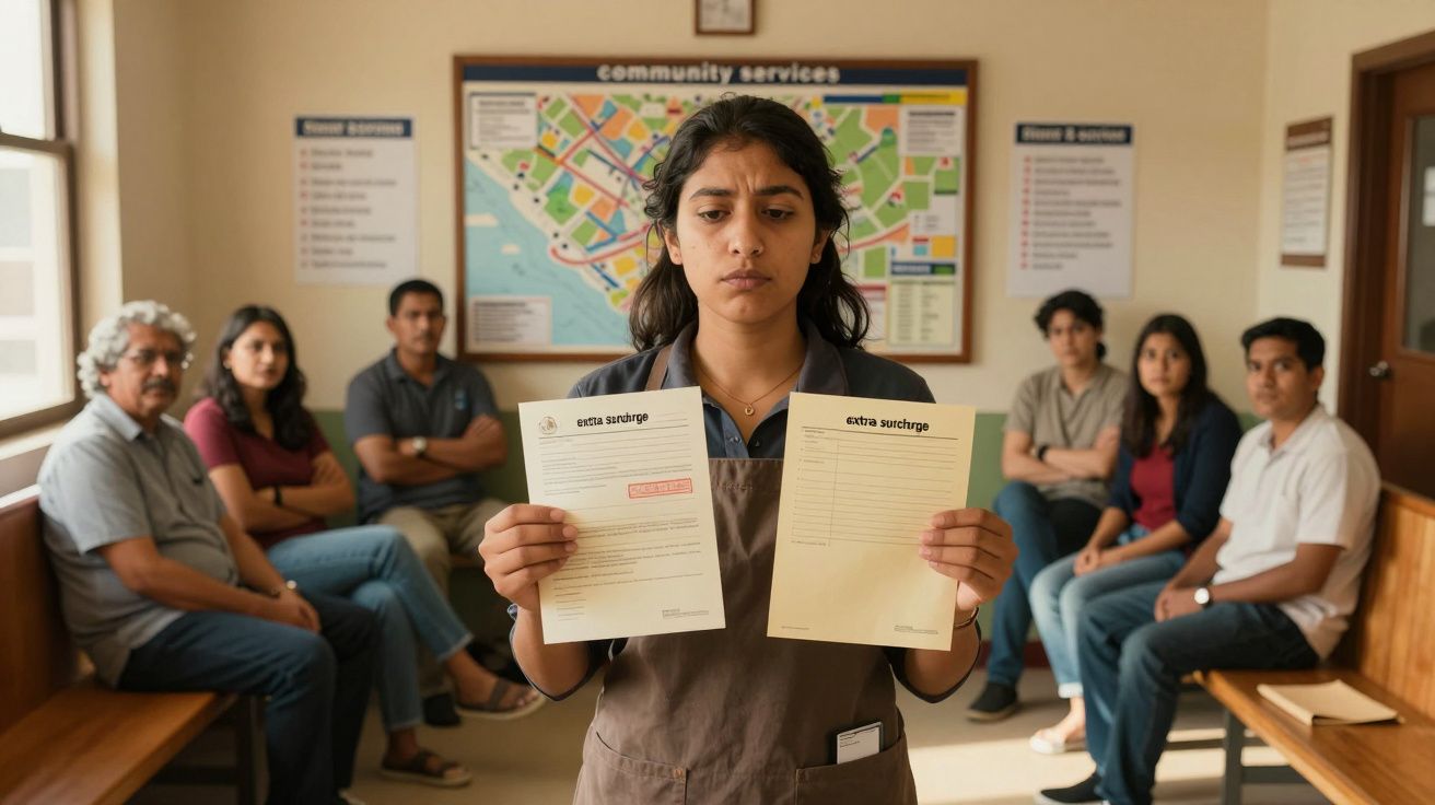 Mulher preocupada mostra contas de despesas extra numa sala de espera com várias pessoas sentadas.
