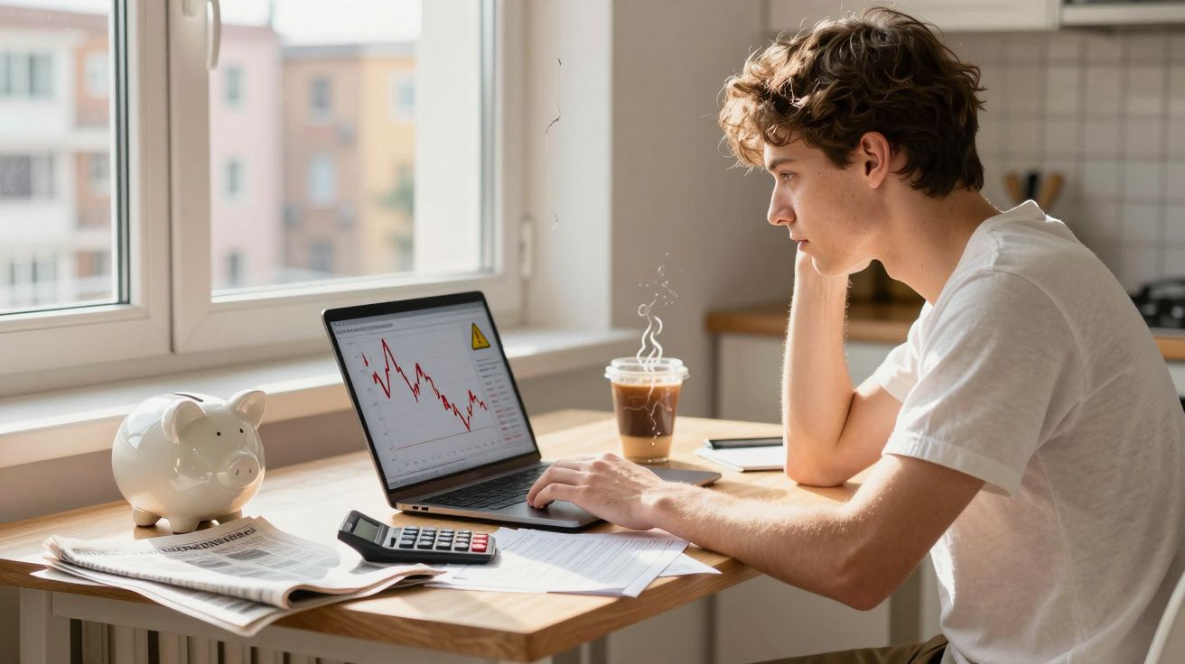 Jovem a analisar gráficos financeiros em laptop, com calculadora, jornal e café numa mesa junto à janela.