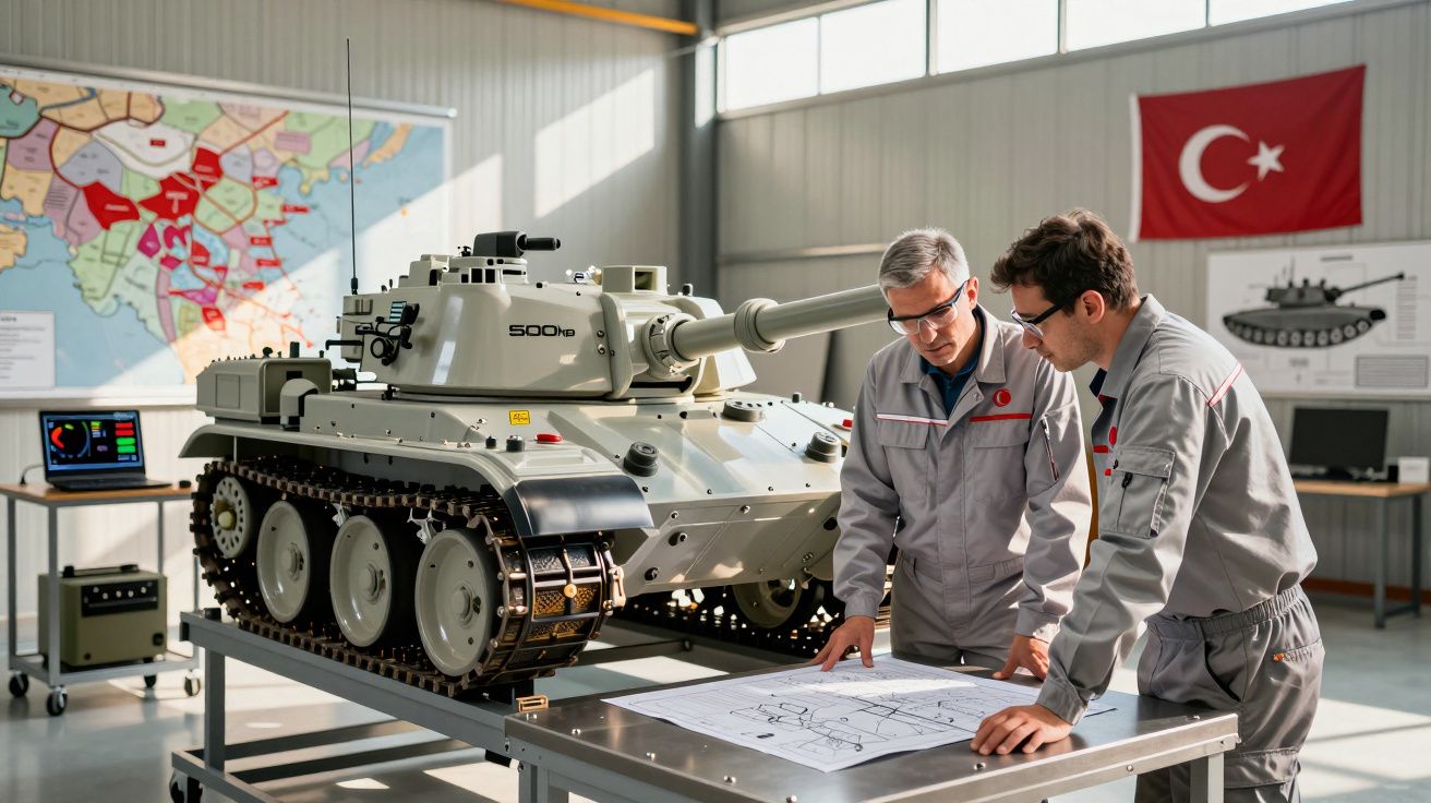 Dois engenheiros analisam projetos ao lado de um modelo de tanque militar numa oficina com bandeira da Turquia.