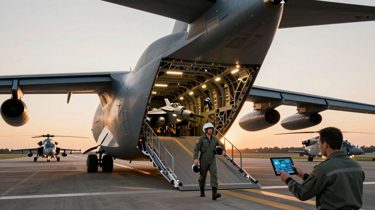 Avião militar com a rampa traseira aberta e pilotos em pista durante pôr do sol.