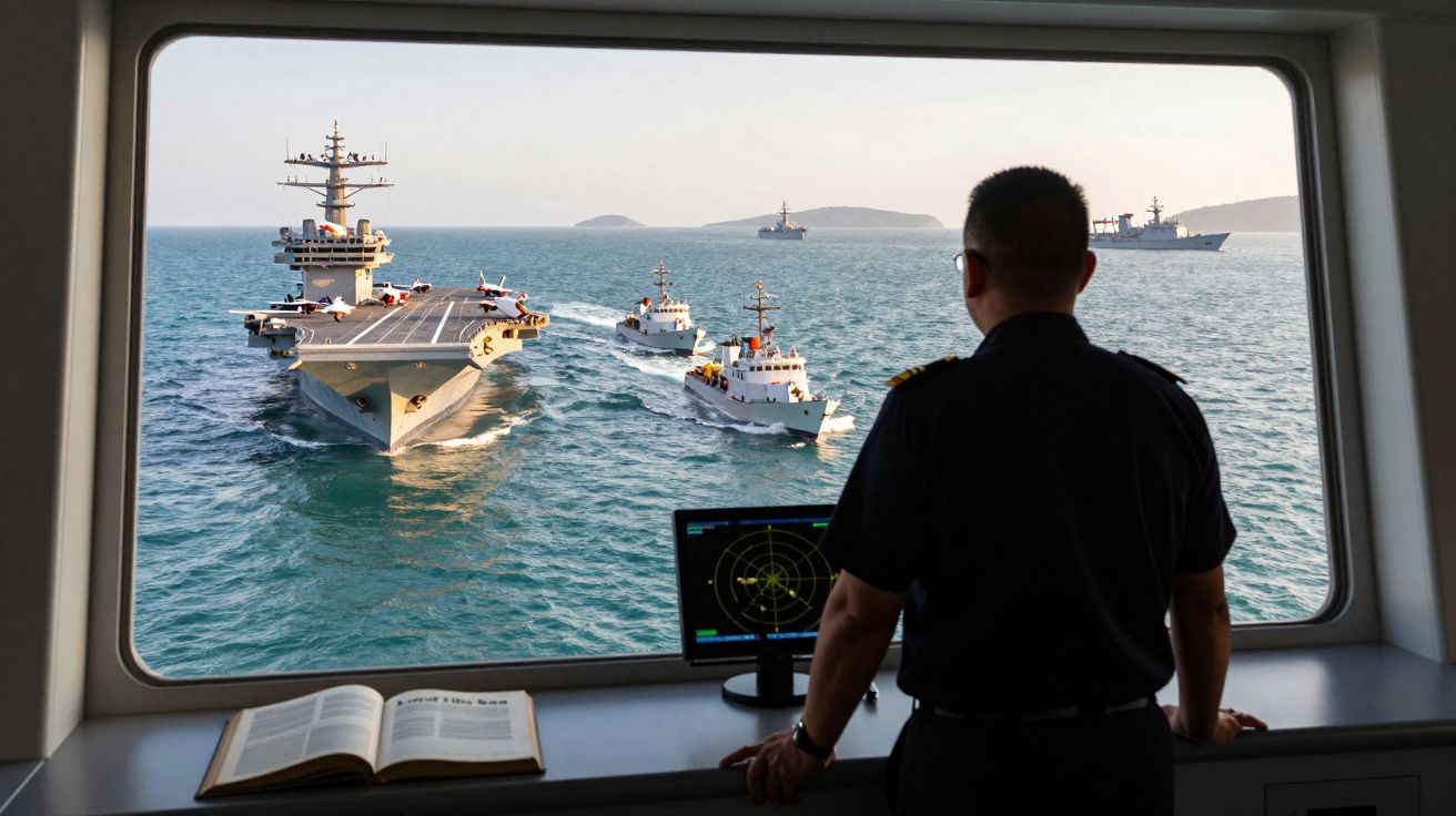 Vista interna de um oficial naval a observar porta-aviões e navios militares no mar através de uma grande janela.