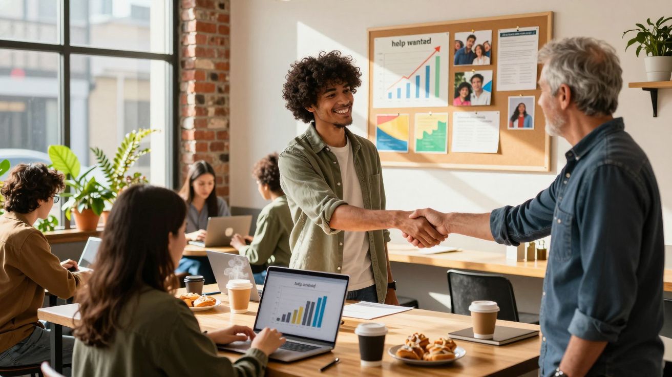 Jovem a cumprimentar colega numa reunião de trabalho num escritório moderno com gráficos numa parede.