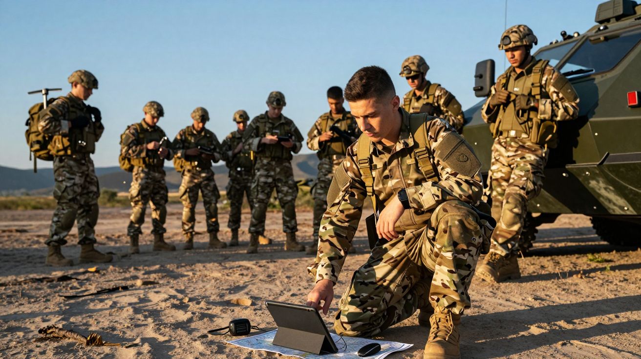 Soldados em uniforme militar reunidos ao ar livre com veículo e equipamento de comunicação.