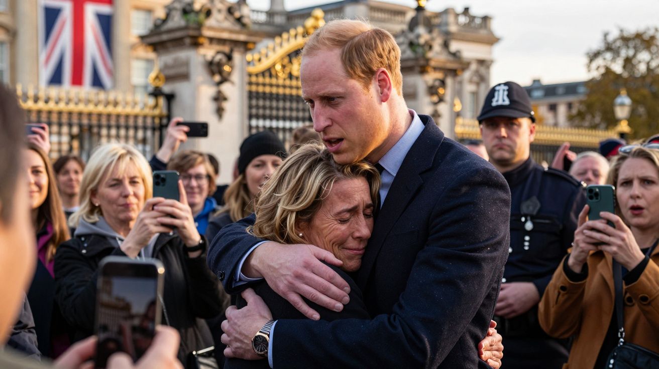 Homem abraça emocionalmente mulher em frente a portões dourados, com várias pessoas e polícia ao fundo.