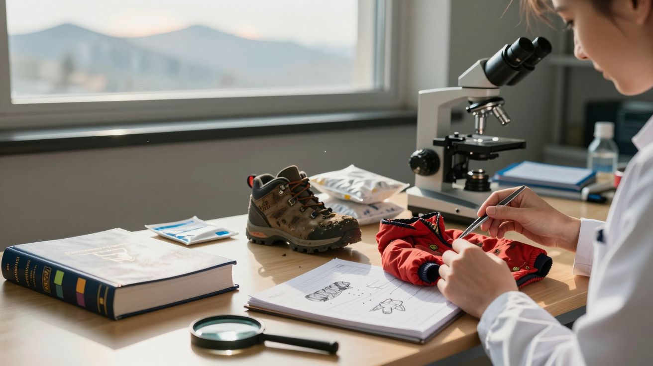 Pessoa a analisar roupa e calçado numa mesa com microscópio, livro, lupa e desenhos técnicos.