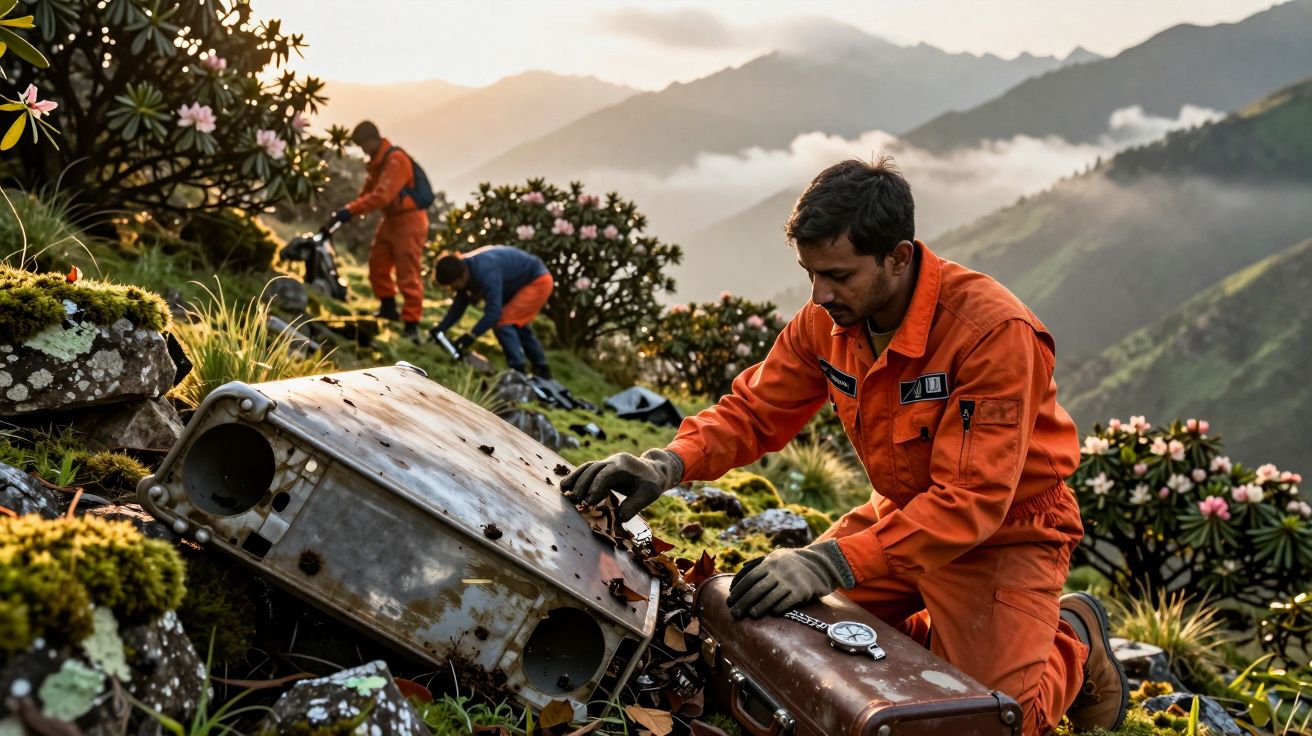 Homem de fato laranja investiga destroços de avião em montanha com vegetação e flores ao pôr do sol.