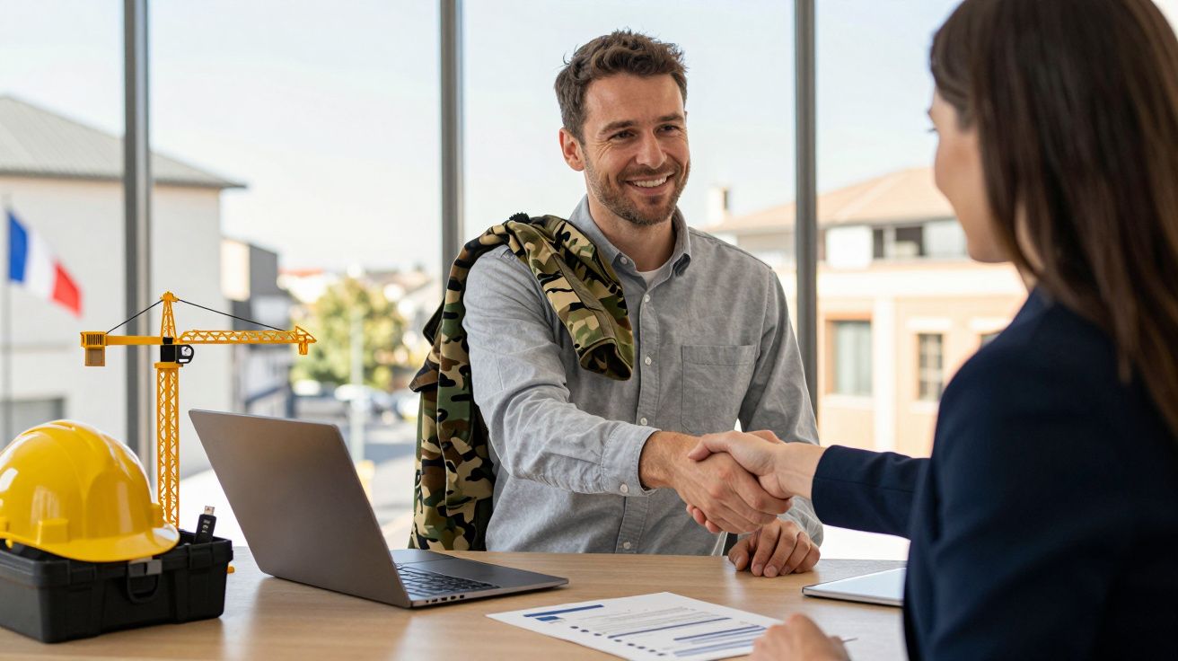 Homem sorridente a apertar a mão de mulher num escritório com laptop e capacete de construção na mesa.