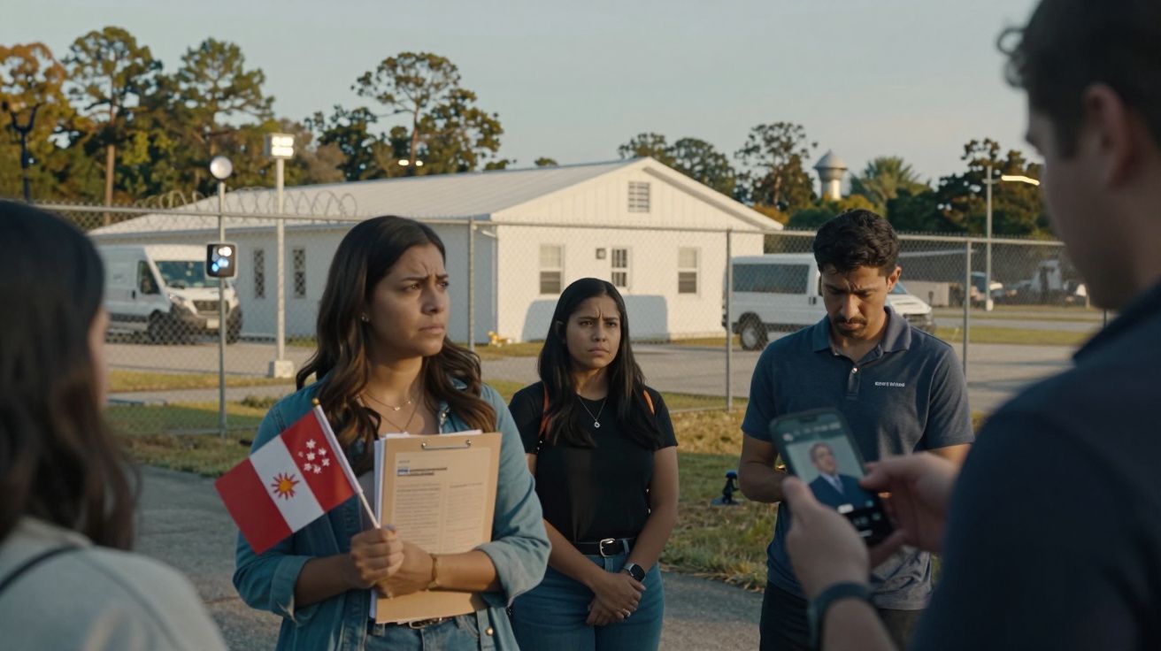 Grupo de pessoas ao ar livre, mulher com prancheta e bandeira, ambiente industrial ao fundo.