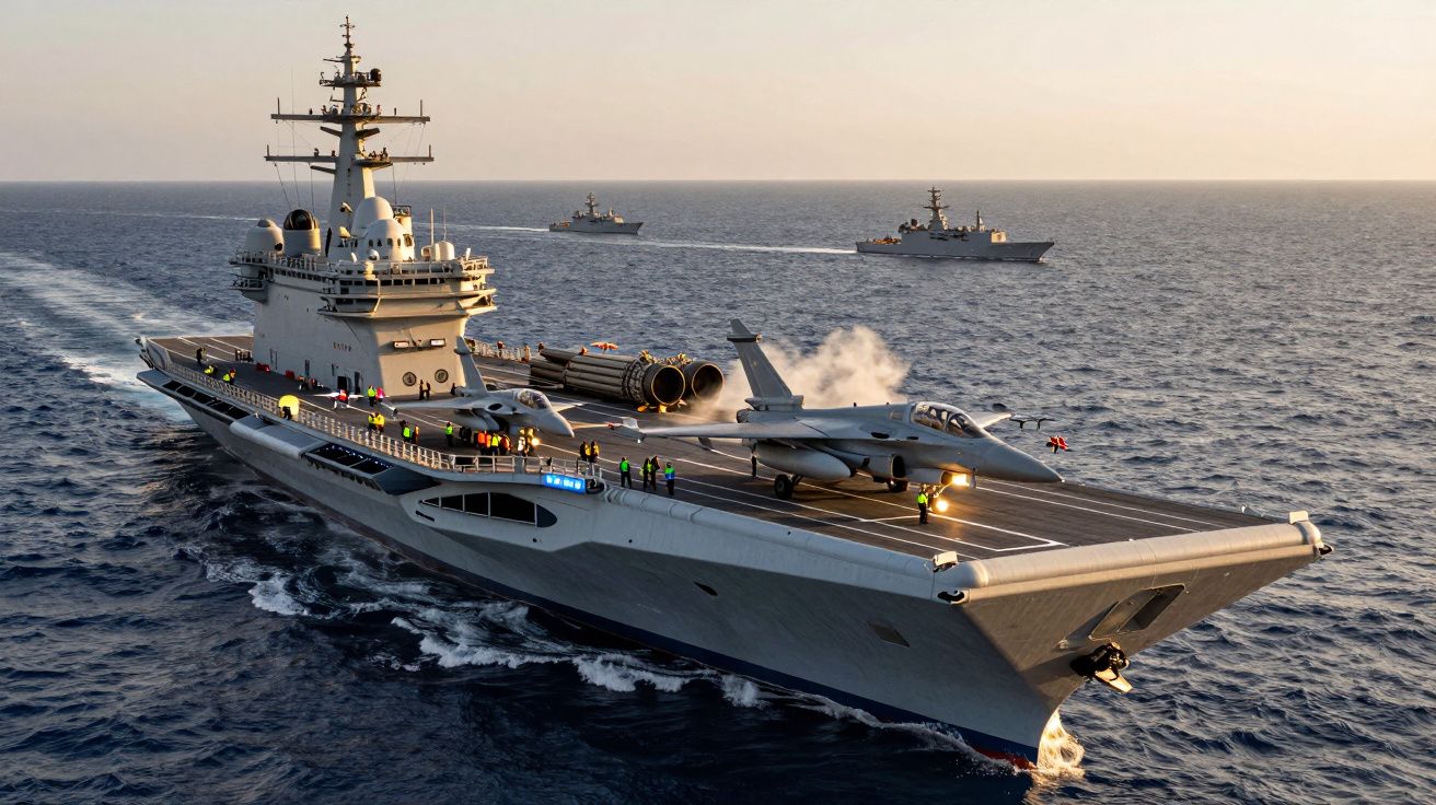 Porta-aviões com avião de combate no convés e dois navios de guerra ao fundo no mar ao pôr do sol.