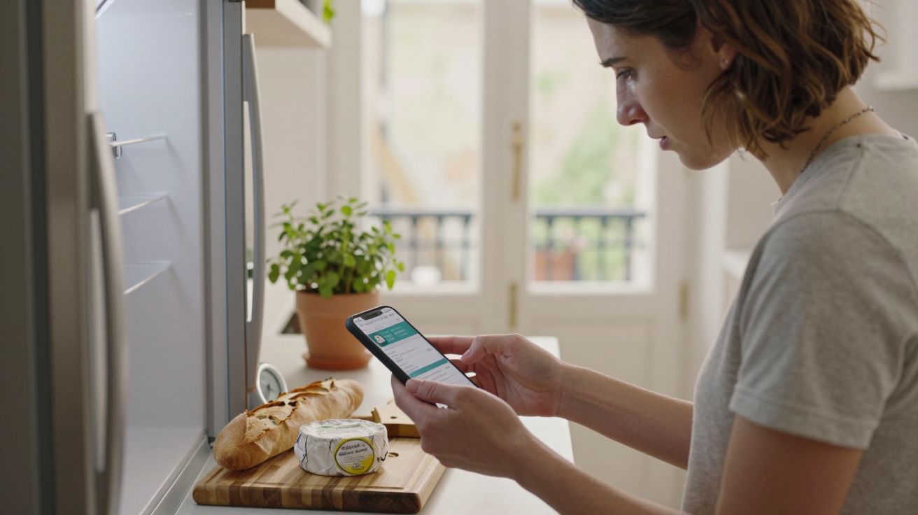 Mulher numa cozinha a olhar para o telemóvel com pão e queijo numa tábua à sua frente.