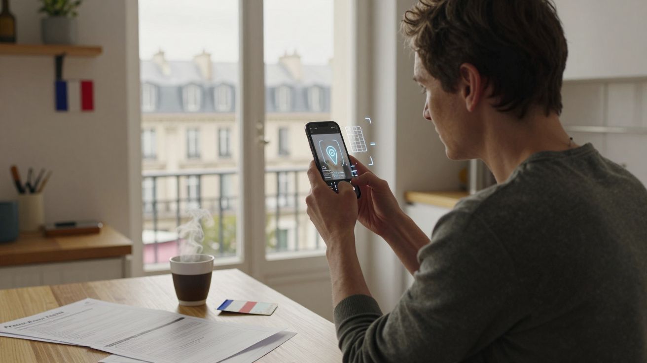 Homem sentado a usar telemóvel com ícone de localização, mesa com documentos e chá a vapor, janela e prédio ao fundo.